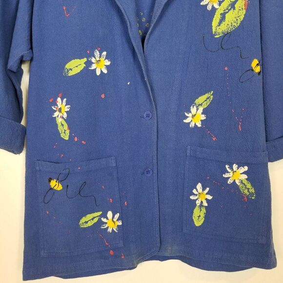 CMC Color Me Cotton Painted Floral Blazer Jacket Sz M Blue Button Up Artsy USA - Picture 3 of 7
